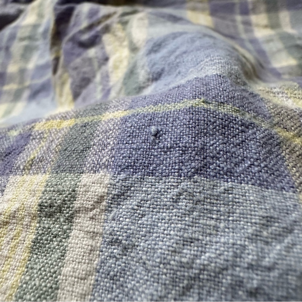 L.L.Bean Women’s M Light Blue Lavender Yellow Plaid Linen Shirt Mandarin Collar - Picture 10 of 11